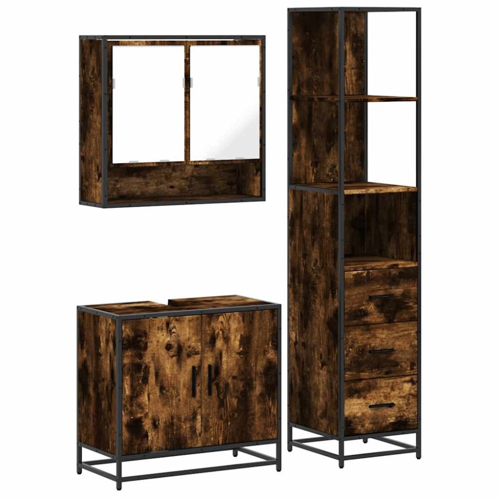 vidaXL Set mobilier de baie, 3 piese, stejar fumuriu, lemn prelucrat