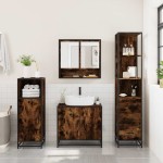 vidaXL Set mobilier de baie, 3 piese, stejar fumuriu, lemn prelucrat