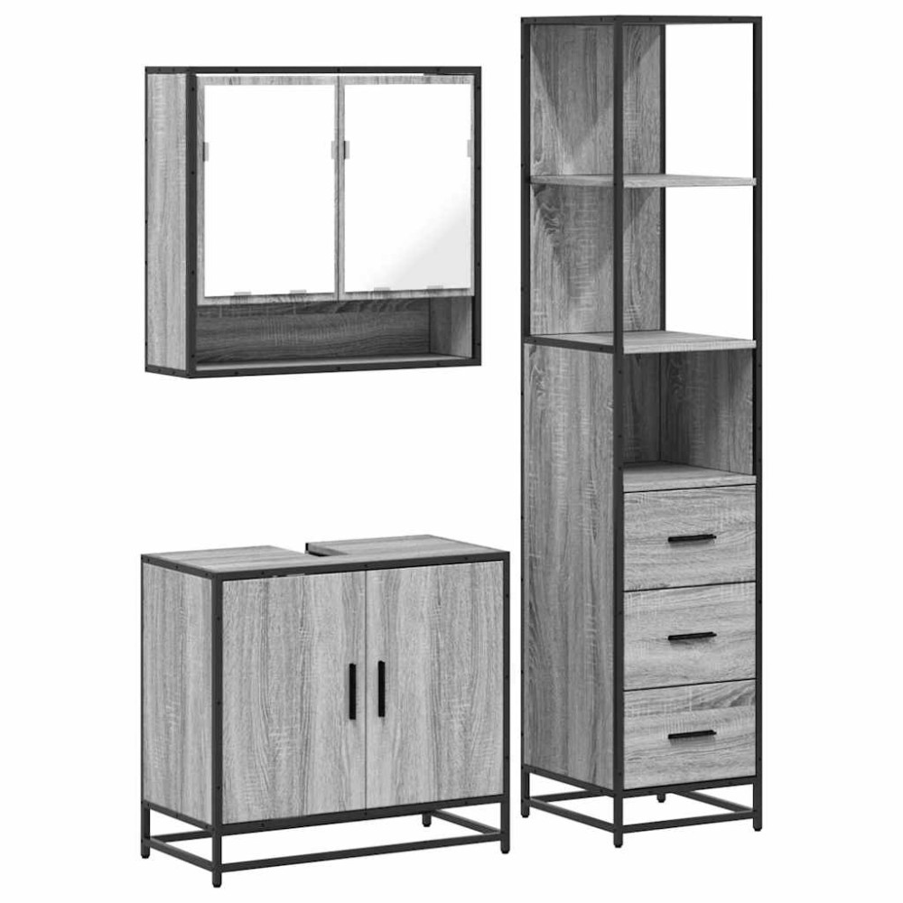 vidaXL Set mobilier de baie, 3 piese, gri sonoma, lemn prelucrat