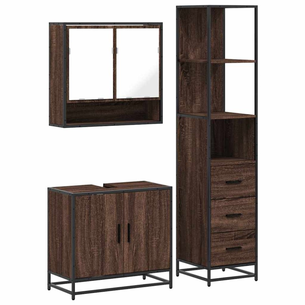vidaXL Set mobilier de baie, 3 piese, stejar maro, lemn prelucrat