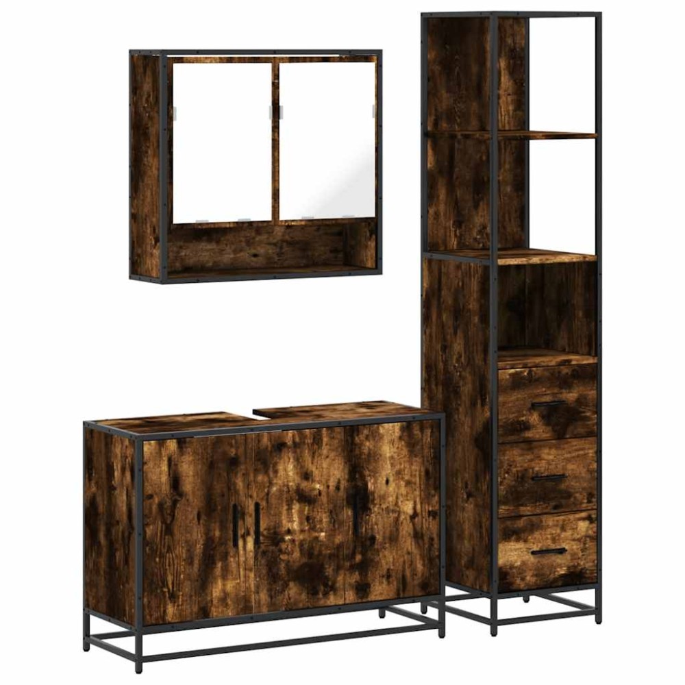 vidaXL Set mobilier de baie, 3 piese, stejar fumuriu, lemn prelucrat