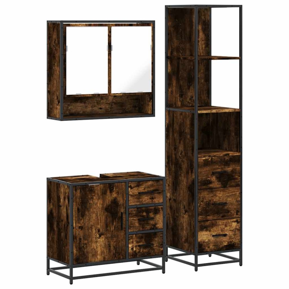 vidaXL Set mobilier de baie, 3 piese, stejar fumuriu, lemn prelucrat