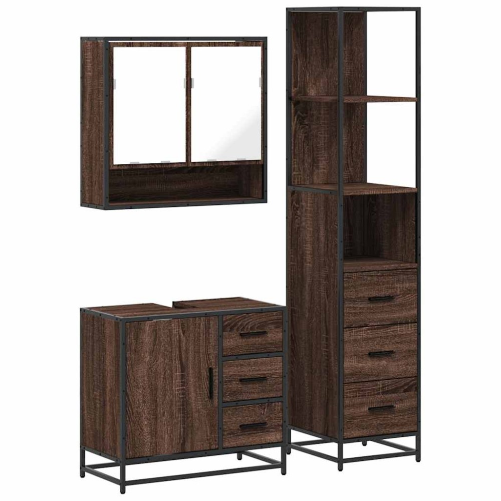 vidaXL Set mobilier de baie, 3 piese, stejar maro, lemn prelucrat