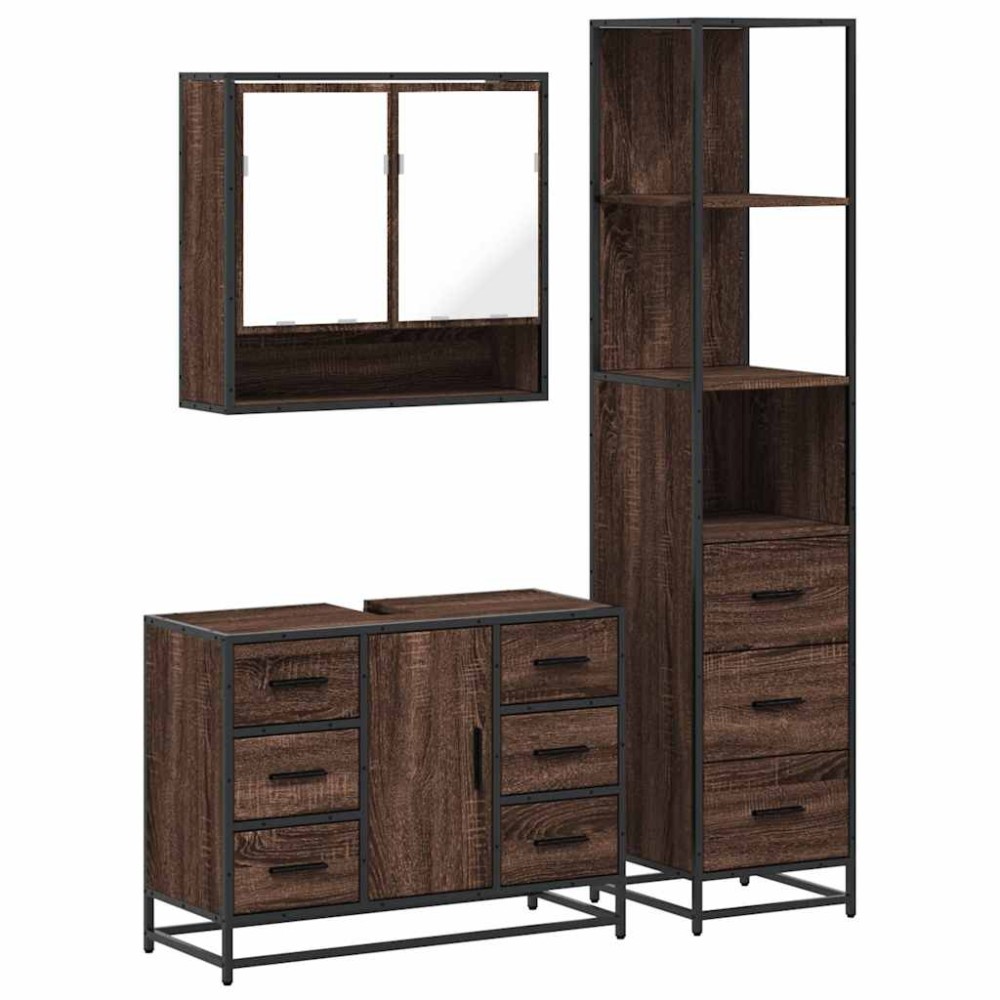 vidaXL Set mobilier de baie, 3 piese, stejar maro, lemn prelucrat