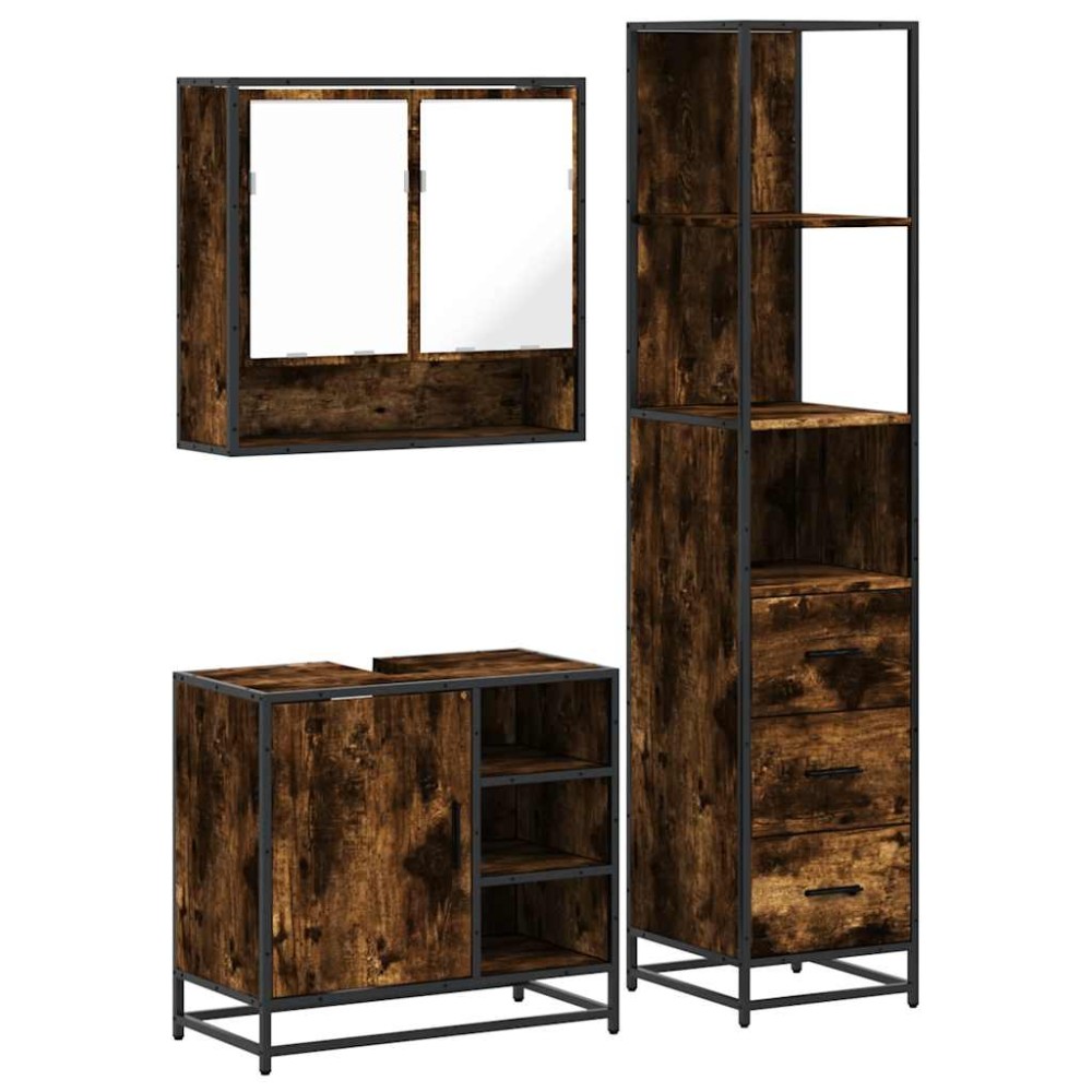 vidaXL Set mobilier de baie, 3 piese, stejar fumuriu, lemn prelucrat