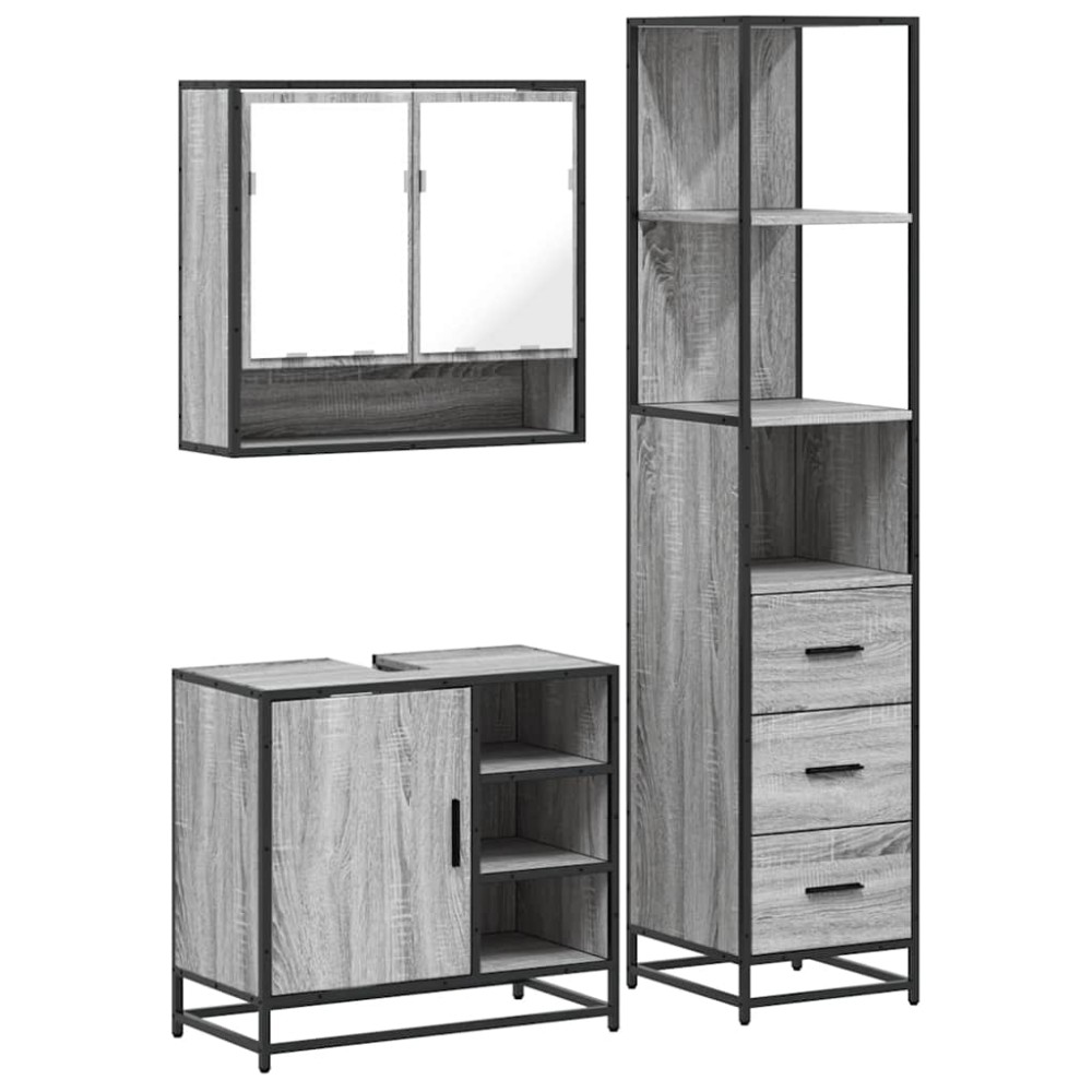 vidaXL Set mobilier de baie, 3 piese, gri sonoma, lemn prelucrat