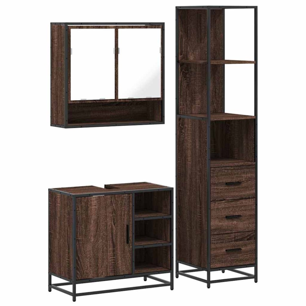 vidaXL Set mobilier de baie, 3 piese, stejar maro, lemn prelucrat