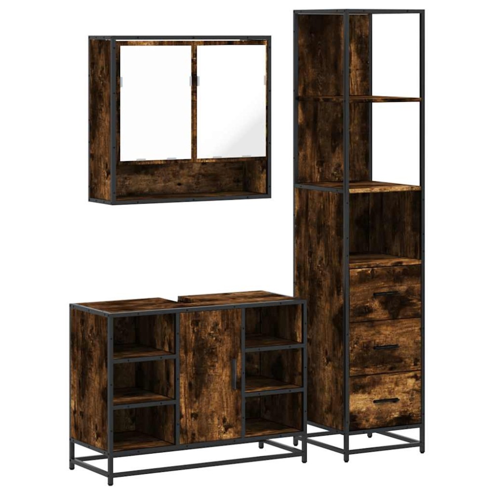 vidaXL Set de mobilier de baie din 3 piese din lemn de stejar afumat