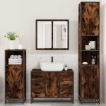 vidaXL Set de mobilier de baie 4 piese Lemn prelucrat de stejar afumat vidaXL Set de mobilier de baie 4 piese Lemn prelucrat de stejar afumat
