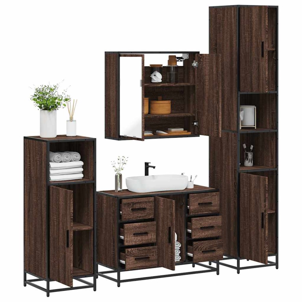 vidaXL Set de mobilier de baie din 4 piese din lemn de stejar maro