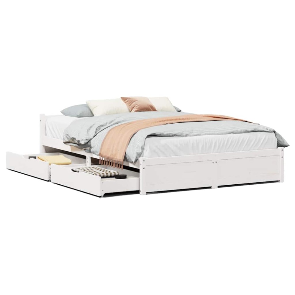 vidaXL Cadru de pat fără saltea, alb, 135x190 cm, lemn masiv de pin