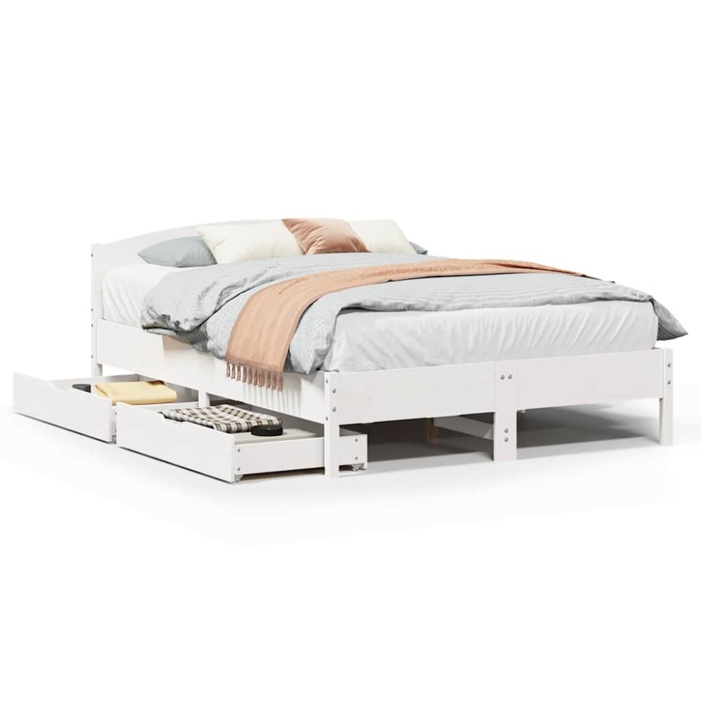 vidaXL Cadru de pat fără saltea, alb, 135x190 cm, lemn masiv de pin