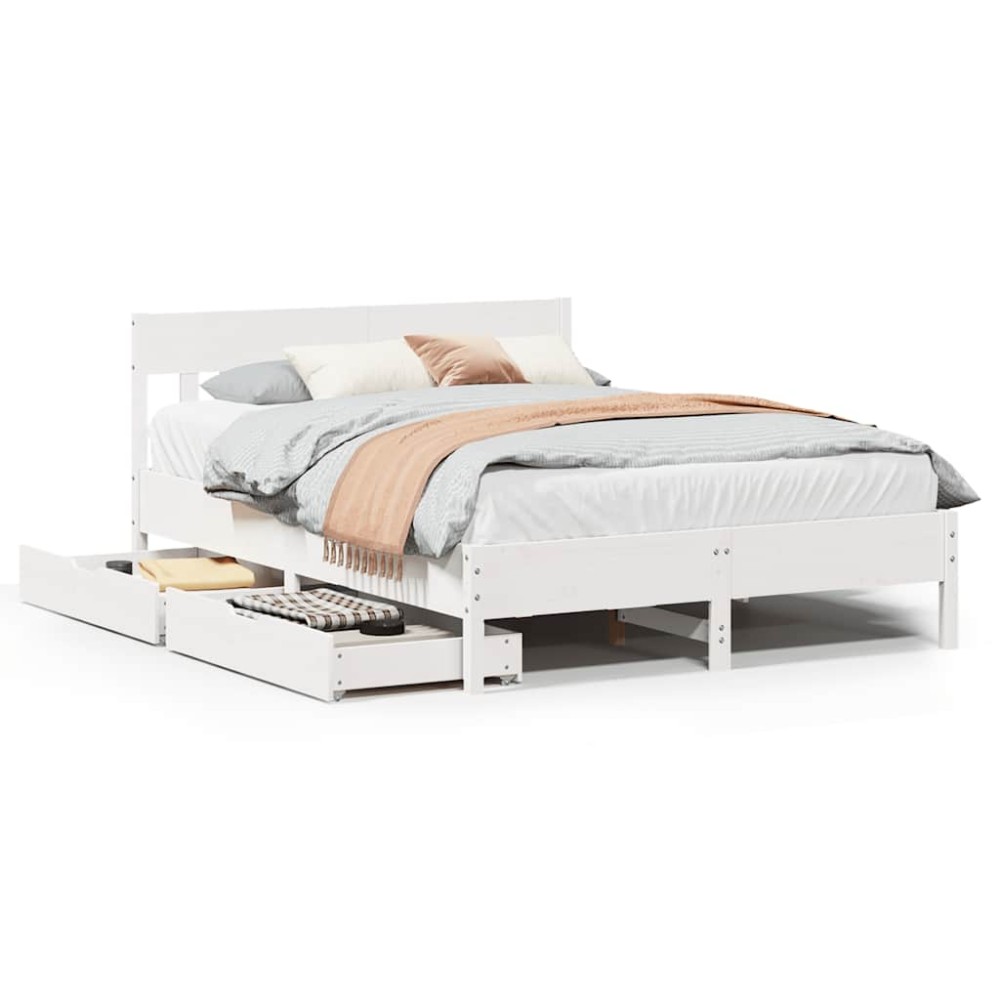 vidaXL Cadru de pat fără saltea, alb, 135x190 cm, lemn masiv de pin