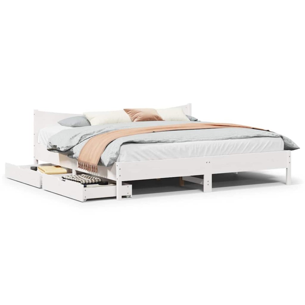 vidaXL Cadru de pat cu sertare, alb, 180x200 cm, lemn masiv pin