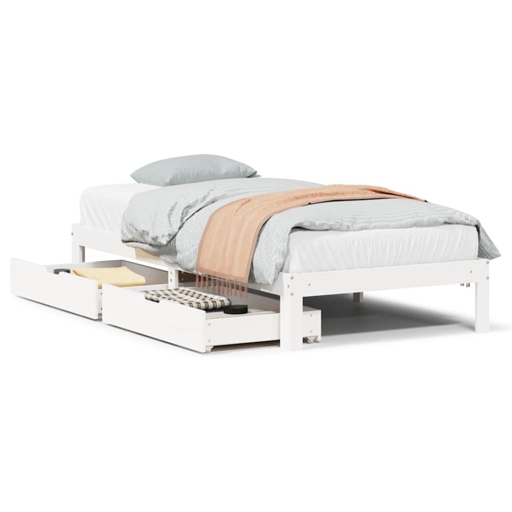 vidaXL Cadru de pat cu sertare, alb, 75x190 cm, lemn masiv de pin