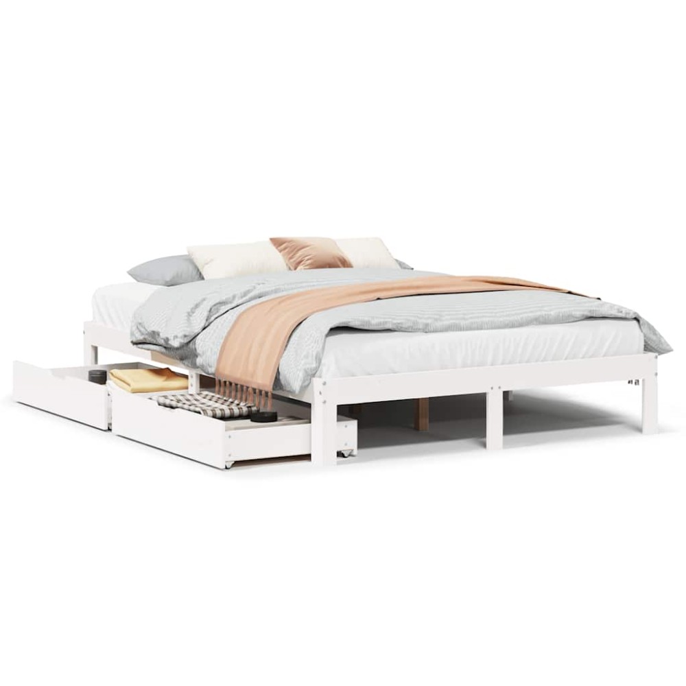 vidaXL Cadru de pat cu sertare, alb, 140x190 cm, lemn masiv de pin