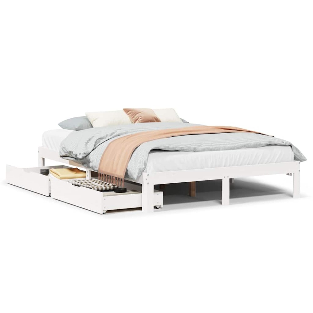 vidaXL Cadru de pat cu sertare, alb, 150x200 cm, lemn masiv pin