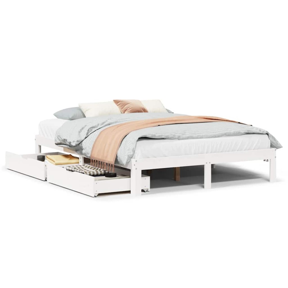 vidaXL Cadru de pat cu sertare, alb, 160x200 cm, lemn masiv pin