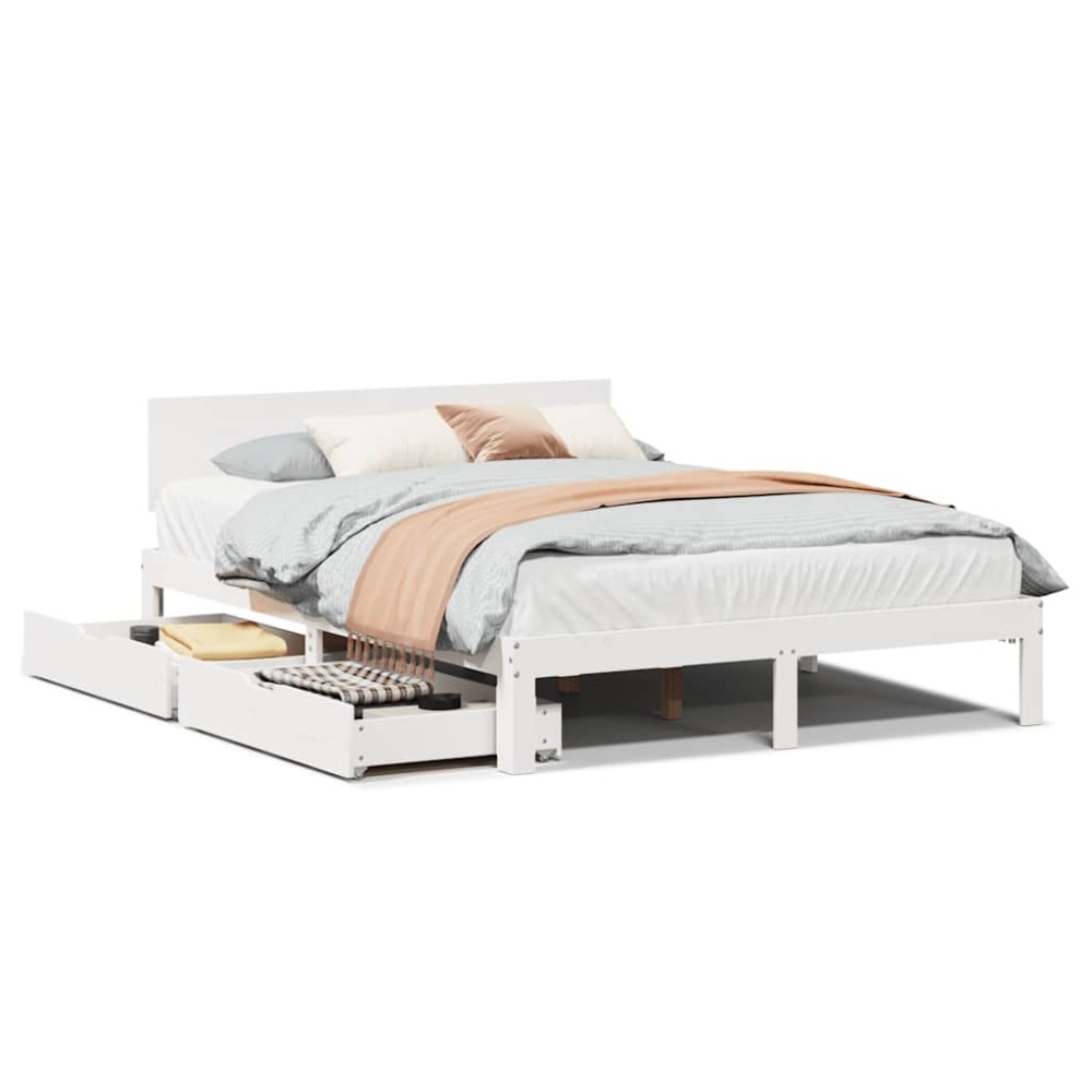 vidaXL Cadru de pat cu sertare, alb, 120x190 cm, lemn masiv pin