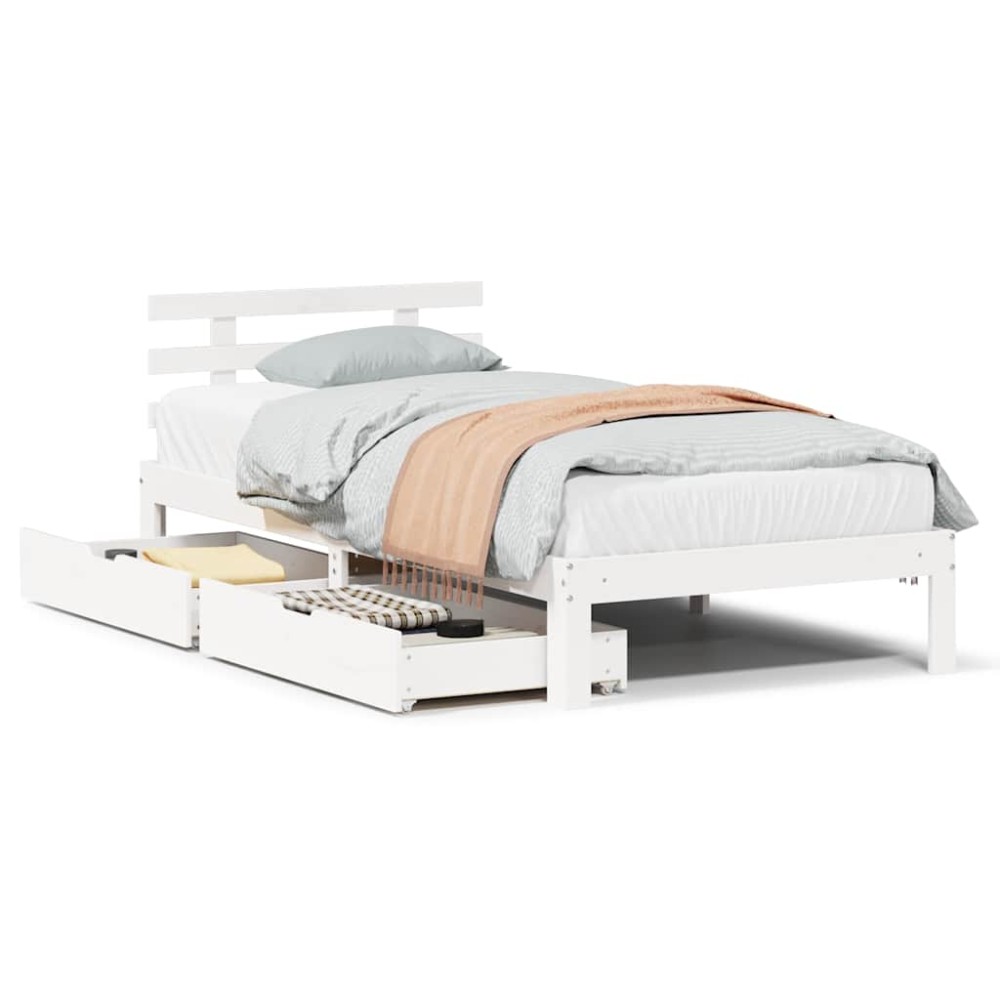 vidaXL Cadru de pat cu sertare, alb, 75x190 cm, lemn masiv de pin