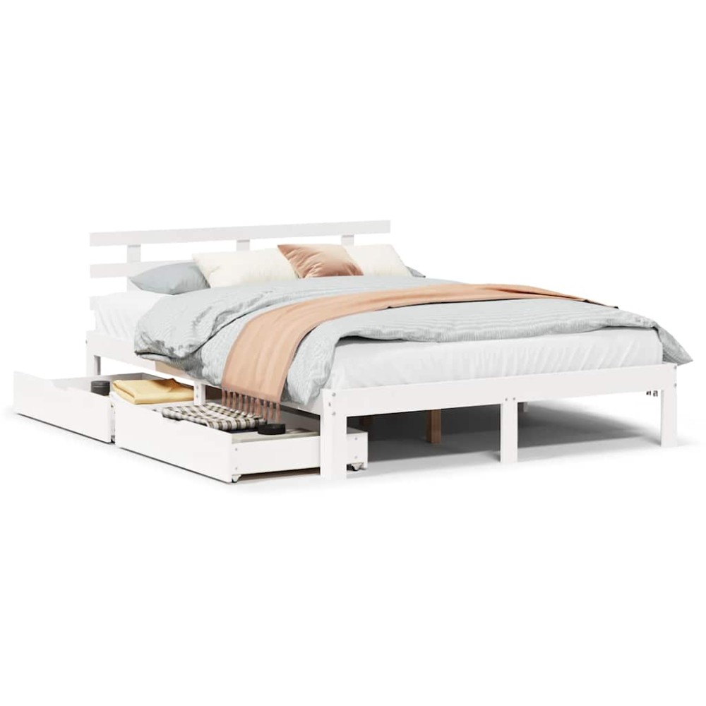 vidaXL Cadru de pat cu sertare, alb, 135x190 cm, lemn masiv de pin
