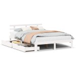 vidaXL Cadru de pat cu sertare, alb, 150x200 cm, lemn masiv pin vidaXL Cadru de pat cu sertare, alb, 150x200 cm, lemn masiv pin