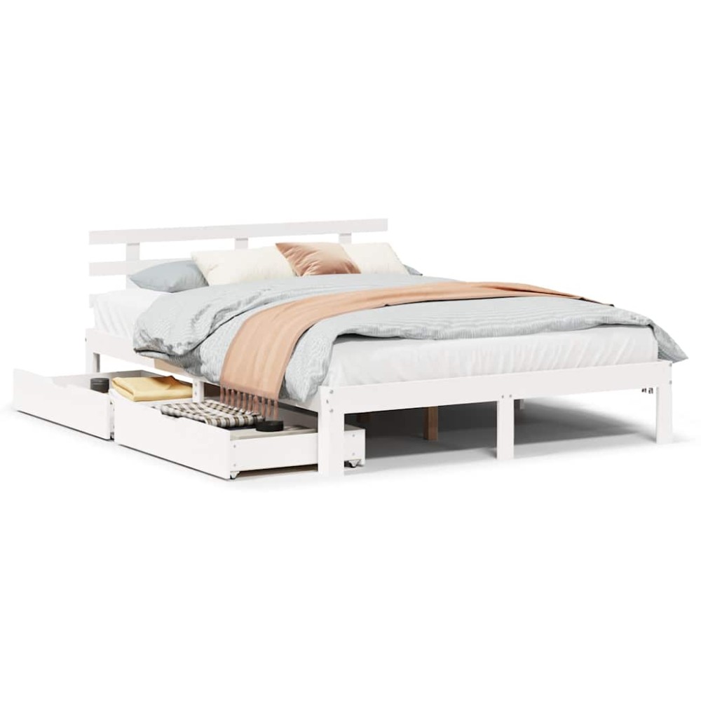 vidaXL Cadru de pat cu sertare, alb, 160x200 cm, lemn masiv pin