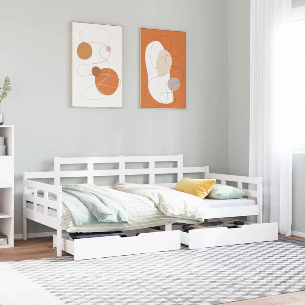 vidaXL Pat de zi cu sertare, alb, 90x200 cm, lemn masiv pin