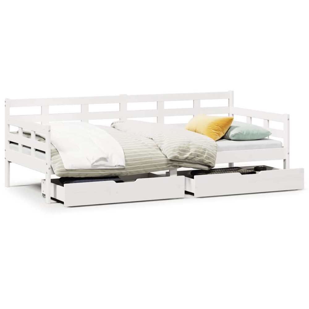 vidaXL Pat de zi cu sertare, alb, 90x200 cm, lemn masiv pin