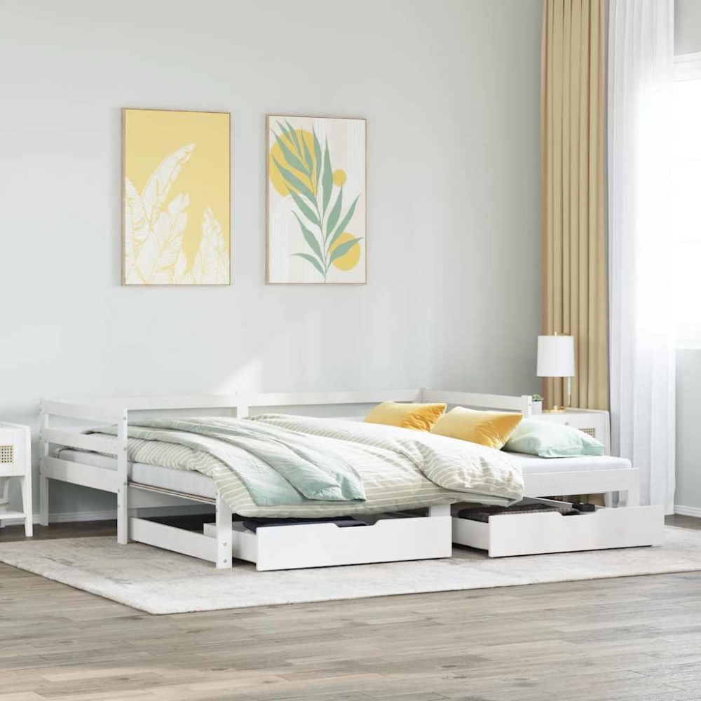vidaXL Pat de zi cu sertare, alb, 90x200 cm, lemn masiv pin