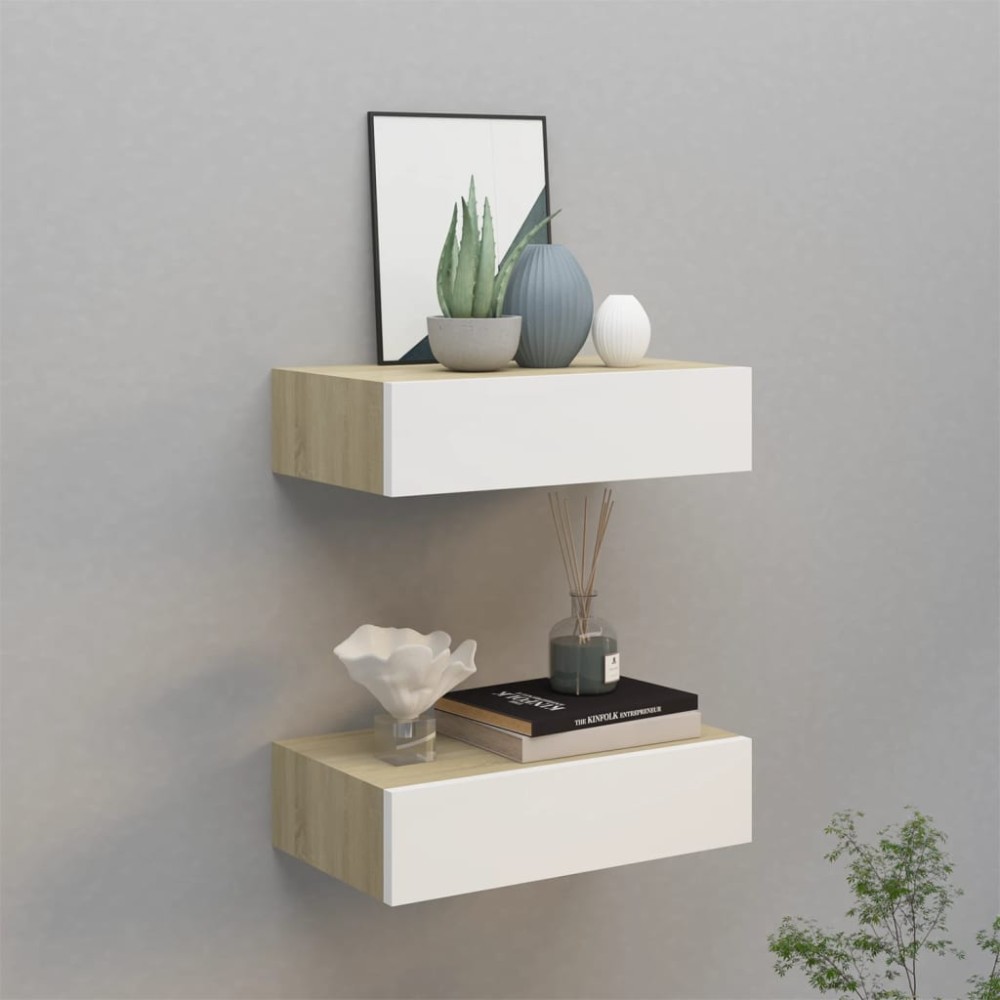 vidaXL Dulapuri de perete cu sertar 2 buc stejar/alb 40x23,5x10 cm MDF
