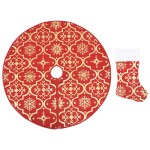 vidaXL Covor fustă de brad Crăciun cu șosetă, roșu, 90 cm, țesătură vidaXL Covor fustă de brad Crăciun cu șosetă, roșu, 90 cm, țesătură