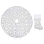 vidaXL Covor fustă de brad Crăciun cu șosetă, alb, 90 cm, țesătură vidaXL Covor fustă de brad Crăciun cu șosetă, alb, 90 cm, țesătură