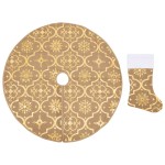 vidaXL Covor fustă de brad Crăciun cu șosetă, galben, 90 cm, țesătură vidaXL Covor fustă de brad Crăciun cu șosetă, galben, 90 cm, țesătură