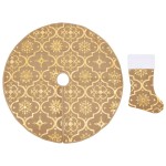 vidaXL Covor fustă de brad Crăciun cu șosetă, galben, 150 cm, țesătură vidaXL Covor fustă de brad Crăciun cu șosetă, galben, 150 cm, țesătură