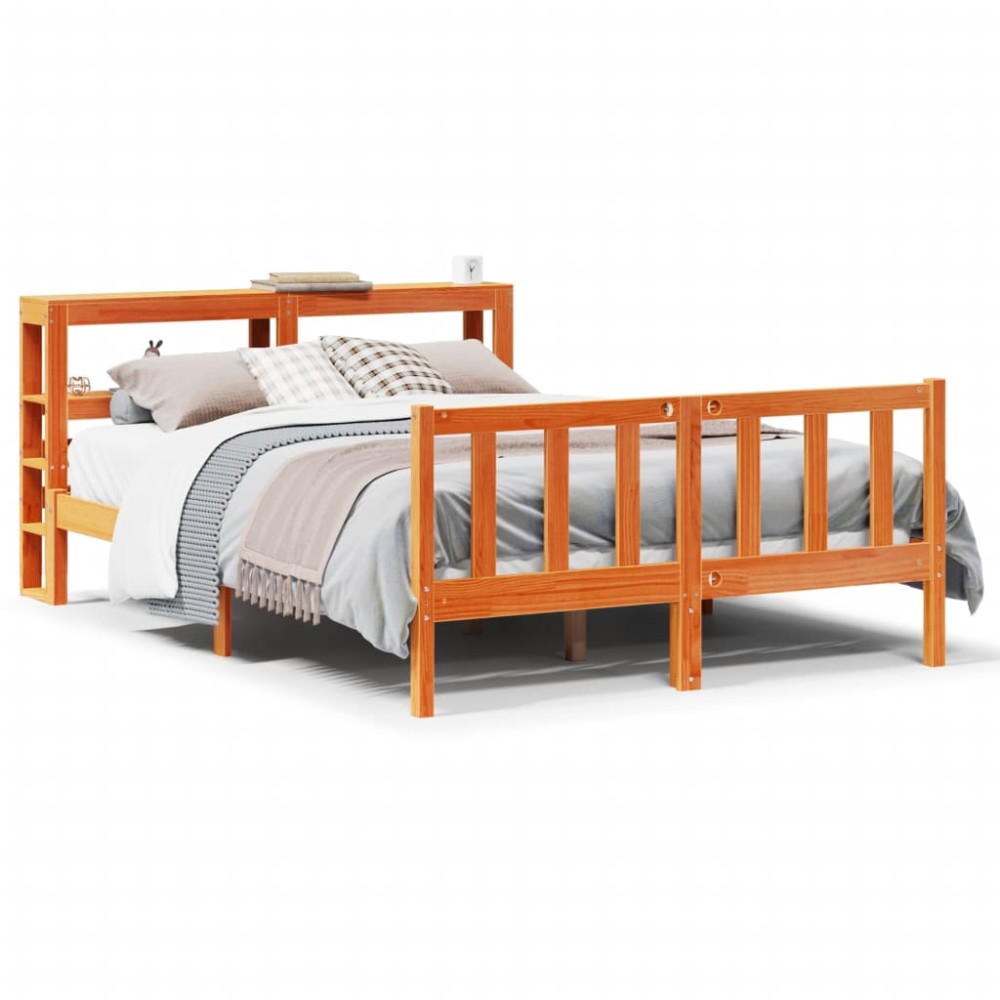 vidaXL Cadru de pat cu tăblie, maro ceruit, 135x190 cm, lemn masiv pin