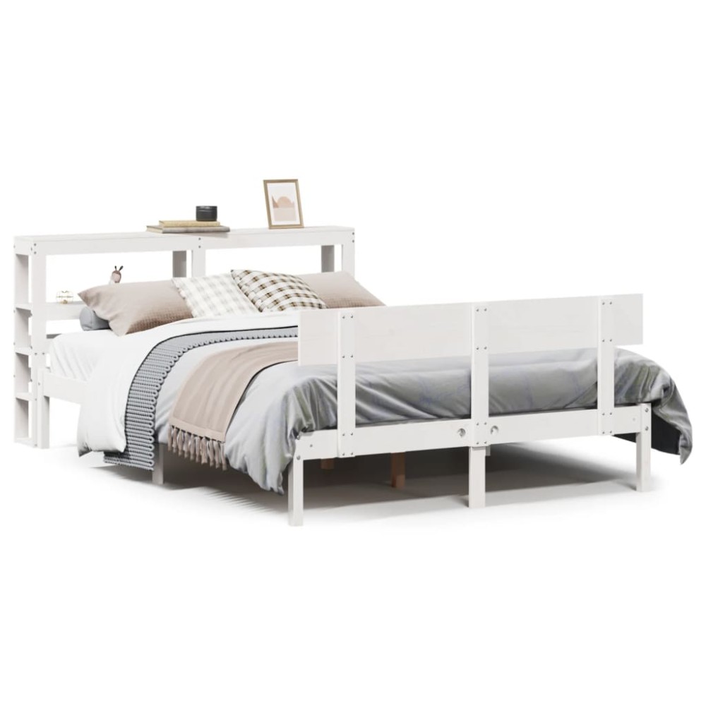 vidaXL Cadru de pat fără saltea, alb, 135x190 cm, lemn masiv de pin