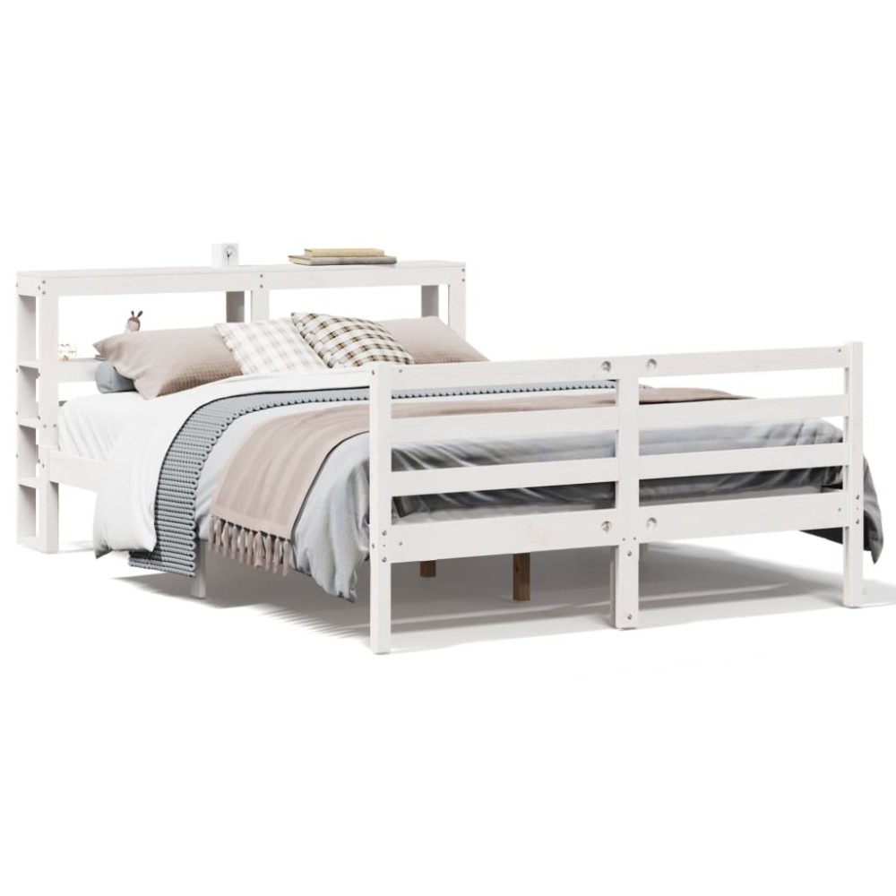 vidaXL Cadru de pat fără saltea, alb, 135x190 cm, lemn masiv de pin