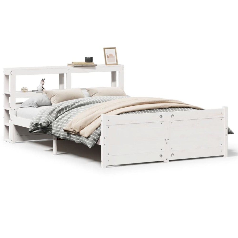 vidaXL Cadru de pat cu tăblie, alb, 135x190 cm, lemn masiv de pin