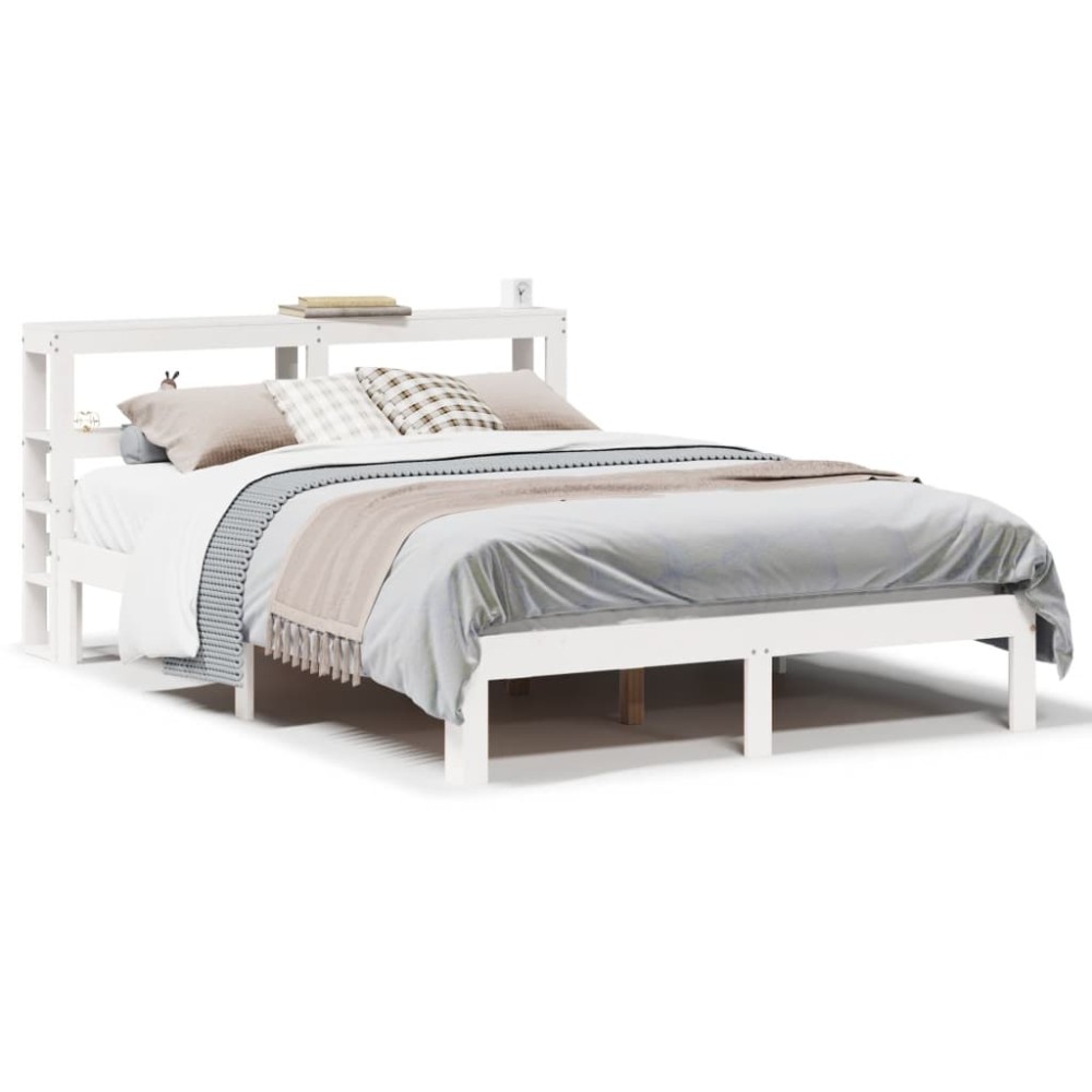 vidaXL Cadru de pat cu tăblie, alb, 135x190 cm, lemn masiv de pin