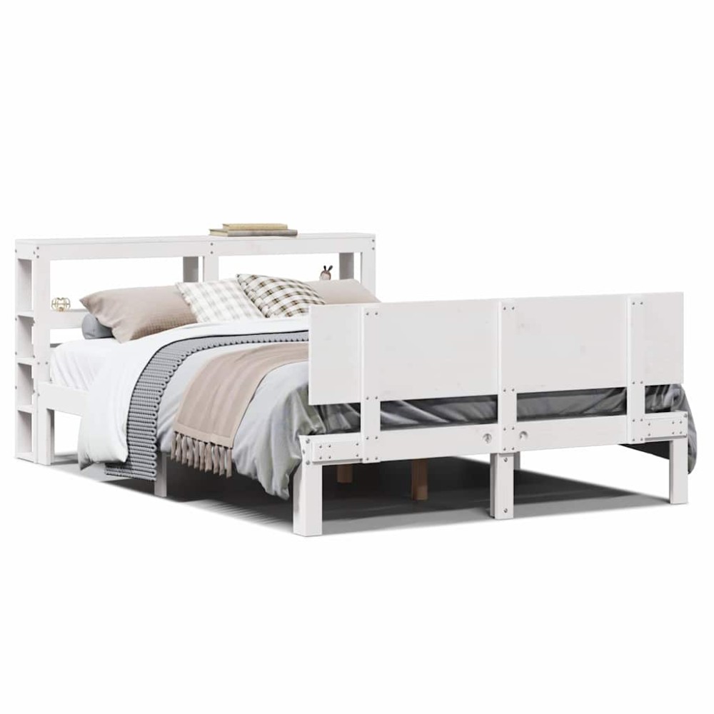 vidaXL Cadru de pat cu tăblie, alb, 135x190 cm, lemn masiv de pin
