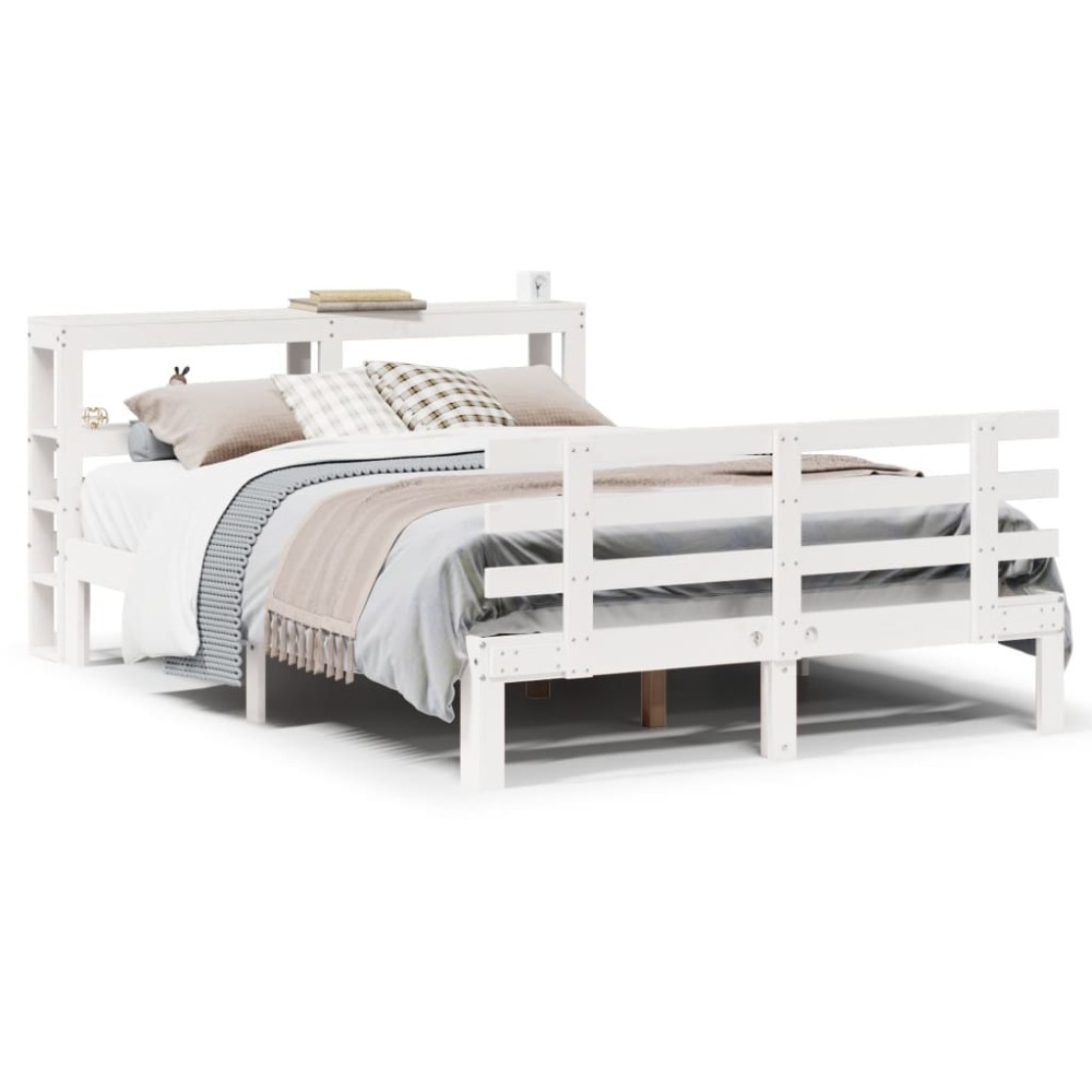 vidaXL Cadru de pat cu tăblie, alb, 135x190 cm, lemn masiv de pin
