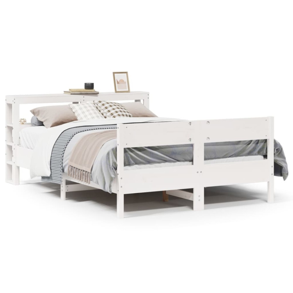 vidaXL Cadru de pat fără saltea, alb, 135x190 cm, lemn masiv de pin