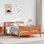 vidaXL Cadru de pat cu tăblie, maro ceruit, 135x190 cm, lemn masiv pin vidaXL Cadru de pat cu tăblie, maro ceruit, 135x190 cm, lemn masiv pin
