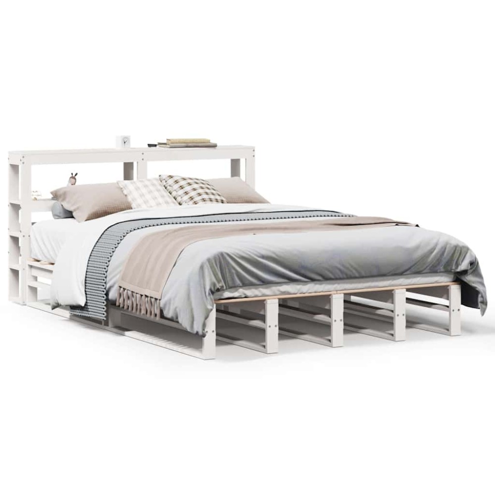 vidaXL Cadru de pat fără saltea, alb, 135x190 cm, lemn masiv de pin