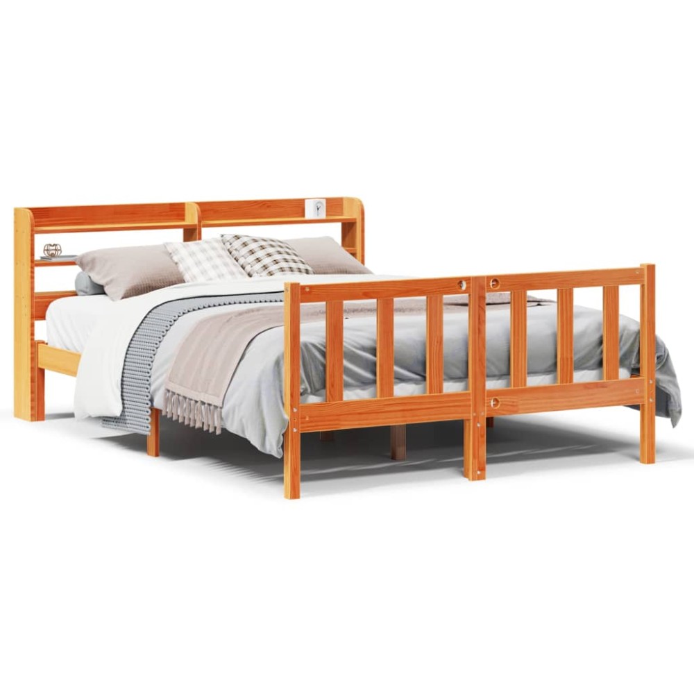 vidaXL Cadru de pat cu tăblie, maro ceruit, 135x190 cm, lemn masiv pin