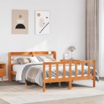 vidaXL Cadru de pat cu tăblie, maro ceruit, 135x190 cm, lemn masiv pin vidaXL Cadru de pat cu tăblie, maro ceruit, 135x190 cm, lemn masiv pin