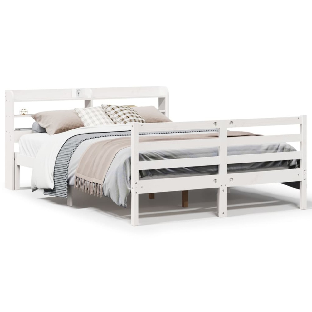 vidaXL Cadru de pat cu tăblie, alb, 135x190 cm, lemn masiv de pin