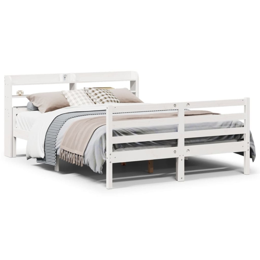 vidaXL Cadru de pat cu tăblie, alb, 135x190 cm, lemn masiv de pin