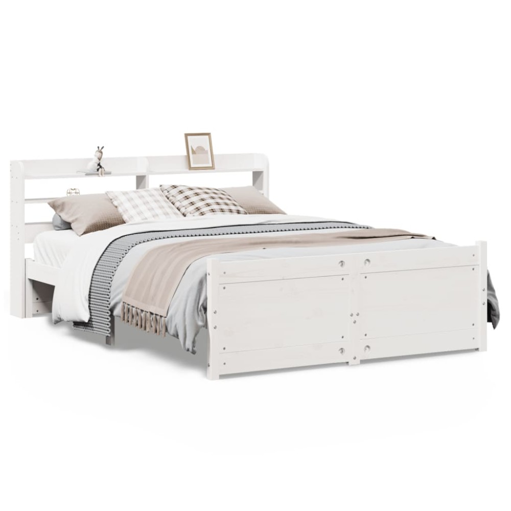 vidaXL Cadru de pat cu tăblie, alb, 135x190 cm, lemn masiv de pin